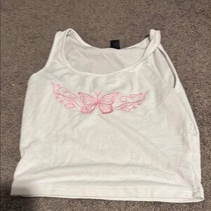 White Tank Top with Pink Butterfly Design